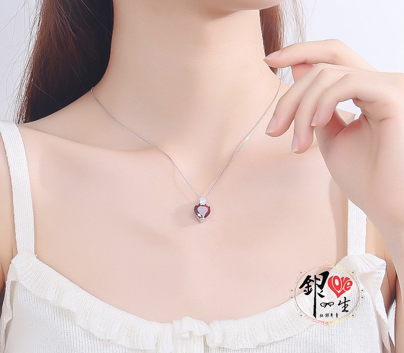 s925純銀項鍊  紅色鋯石愛心項鍊