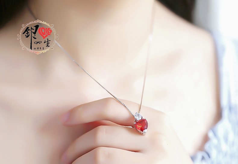 s925純銀項鍊  紅色鋯石愛心項鍊