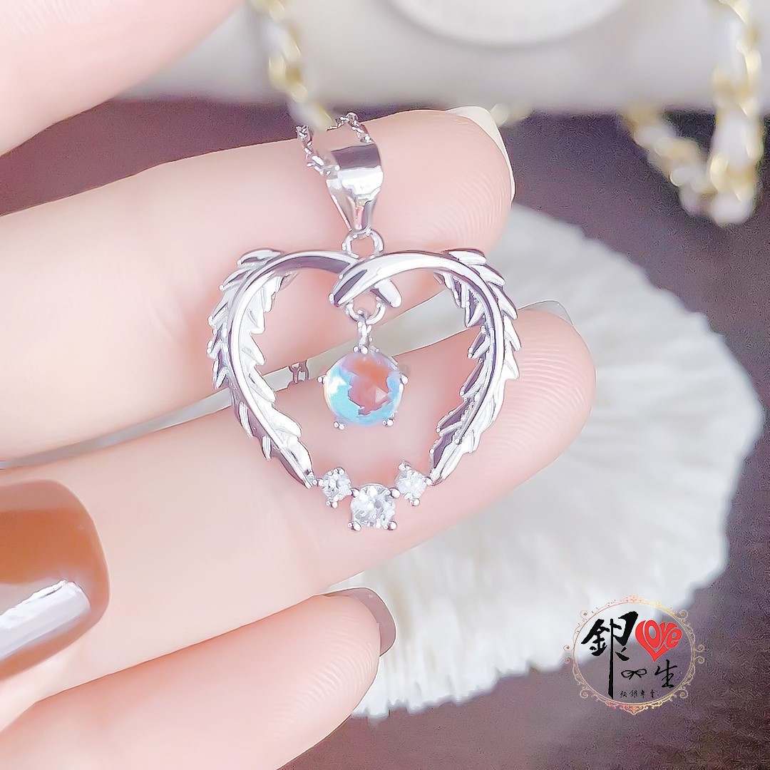 s925純銀項鍊  月光石 心羽造型項鍊