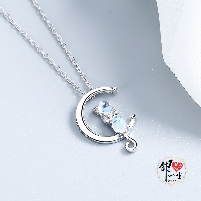 s925純銀項鍊  月光石 月亮喵咪 項鍊