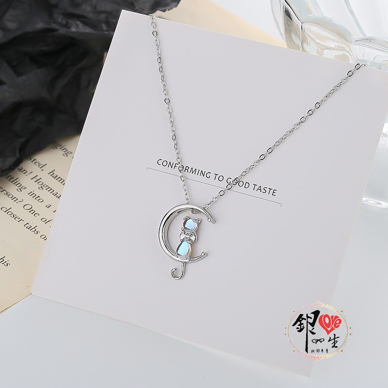 s925純銀項鍊  月光石 月亮喵咪 項鍊