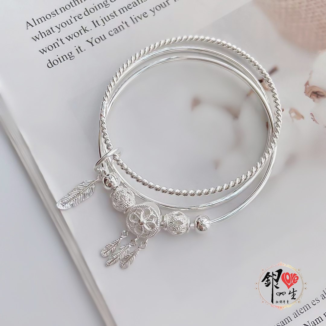 s999純銀 三環波西米亞風 捕夢網手鐲