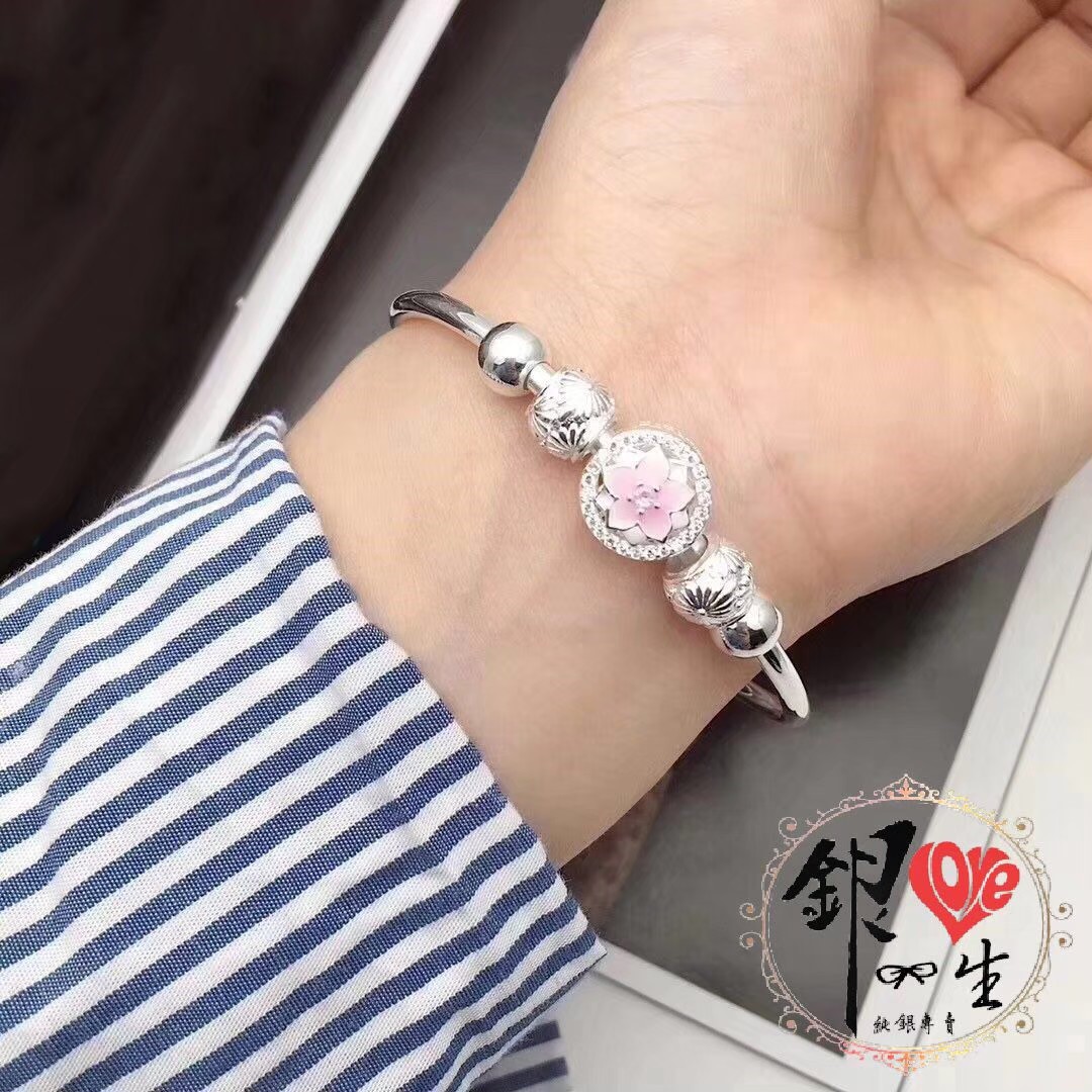 s999純銀 粉色小花精緻串珠式 手鐲