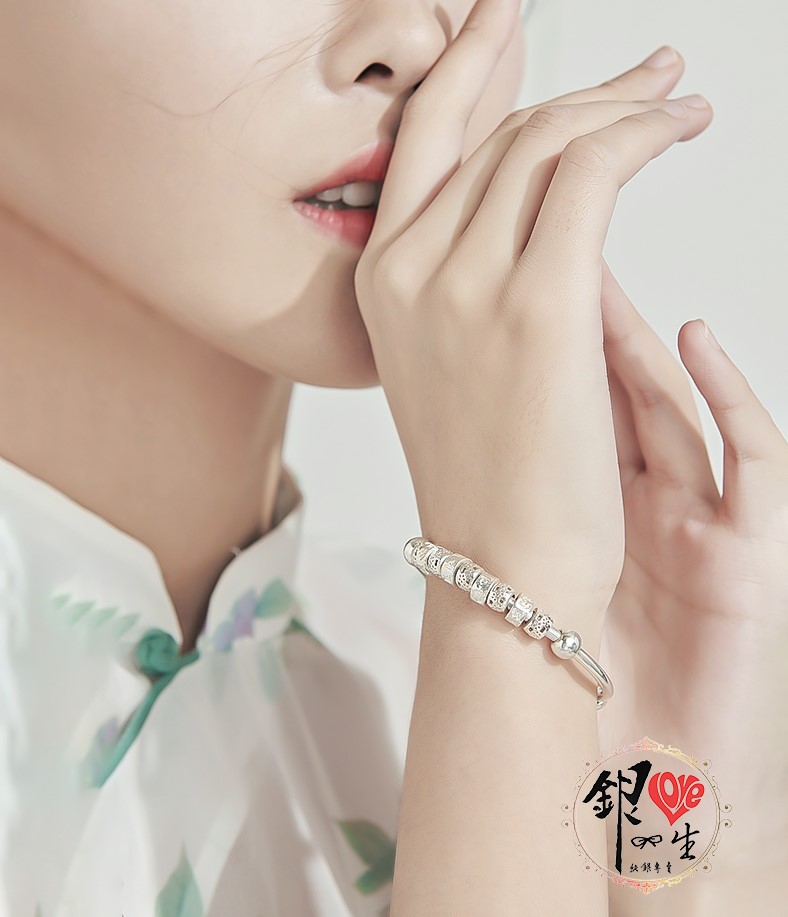 s999純銀 六字真言 轉運珠 推拉手鐲