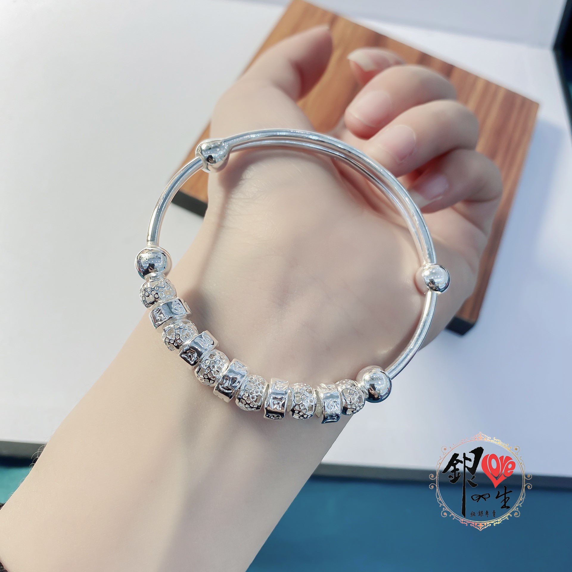 s999純銀 六字真言 轉運珠 推拉手鐲