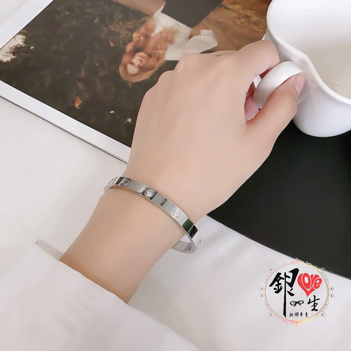 s999純銀 螺絲紋 鑲鑽 時尚 手鐲