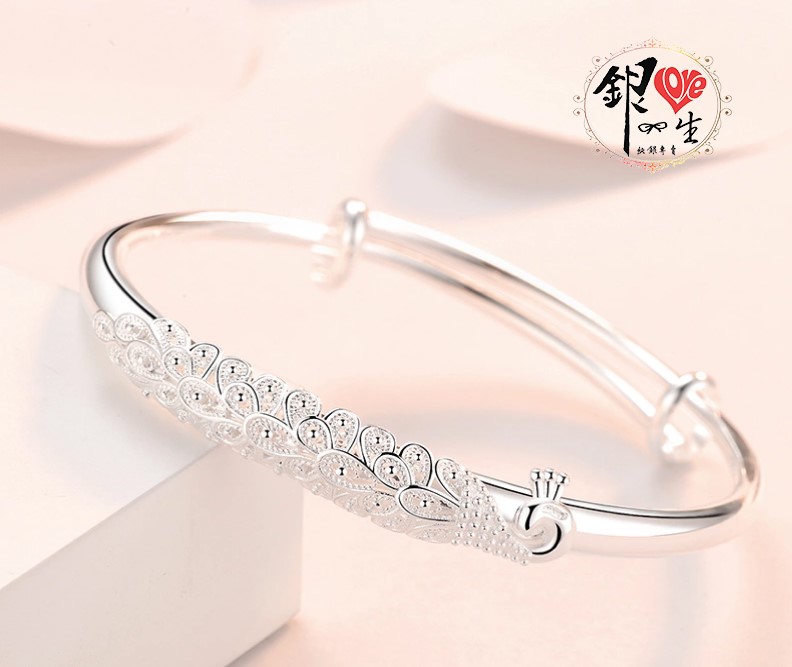 s999純銀 中國風 孔雀造型 推拉手鐲