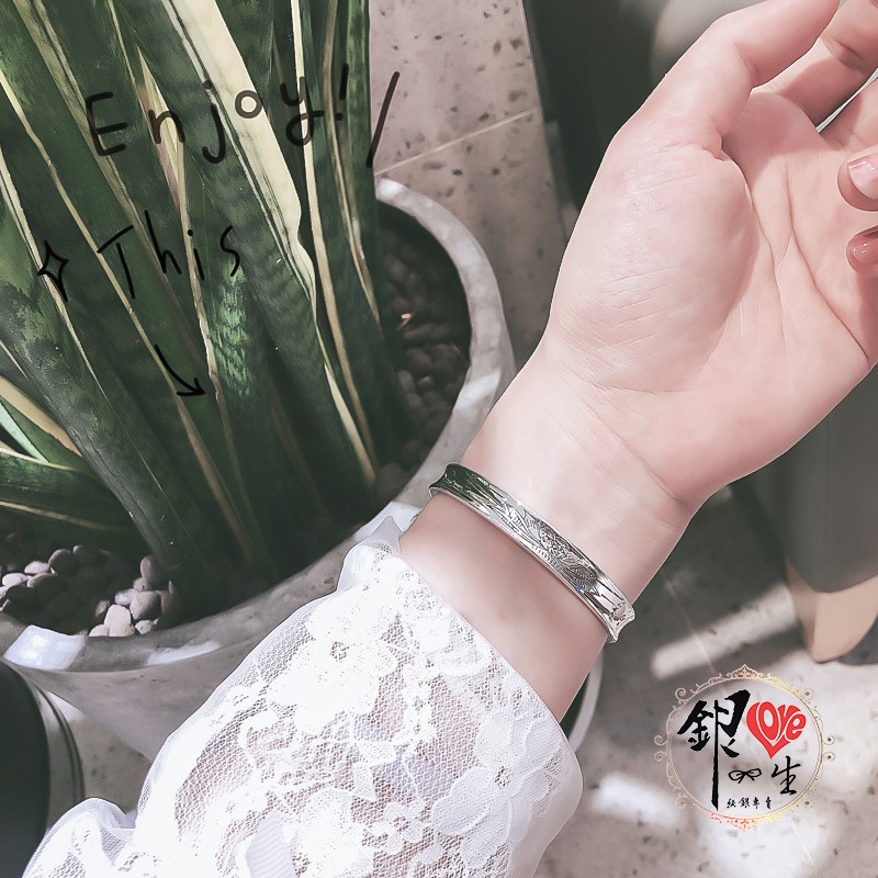 s999純銀 六字真言  凹面造型 蓮花手刻心經 手鐲