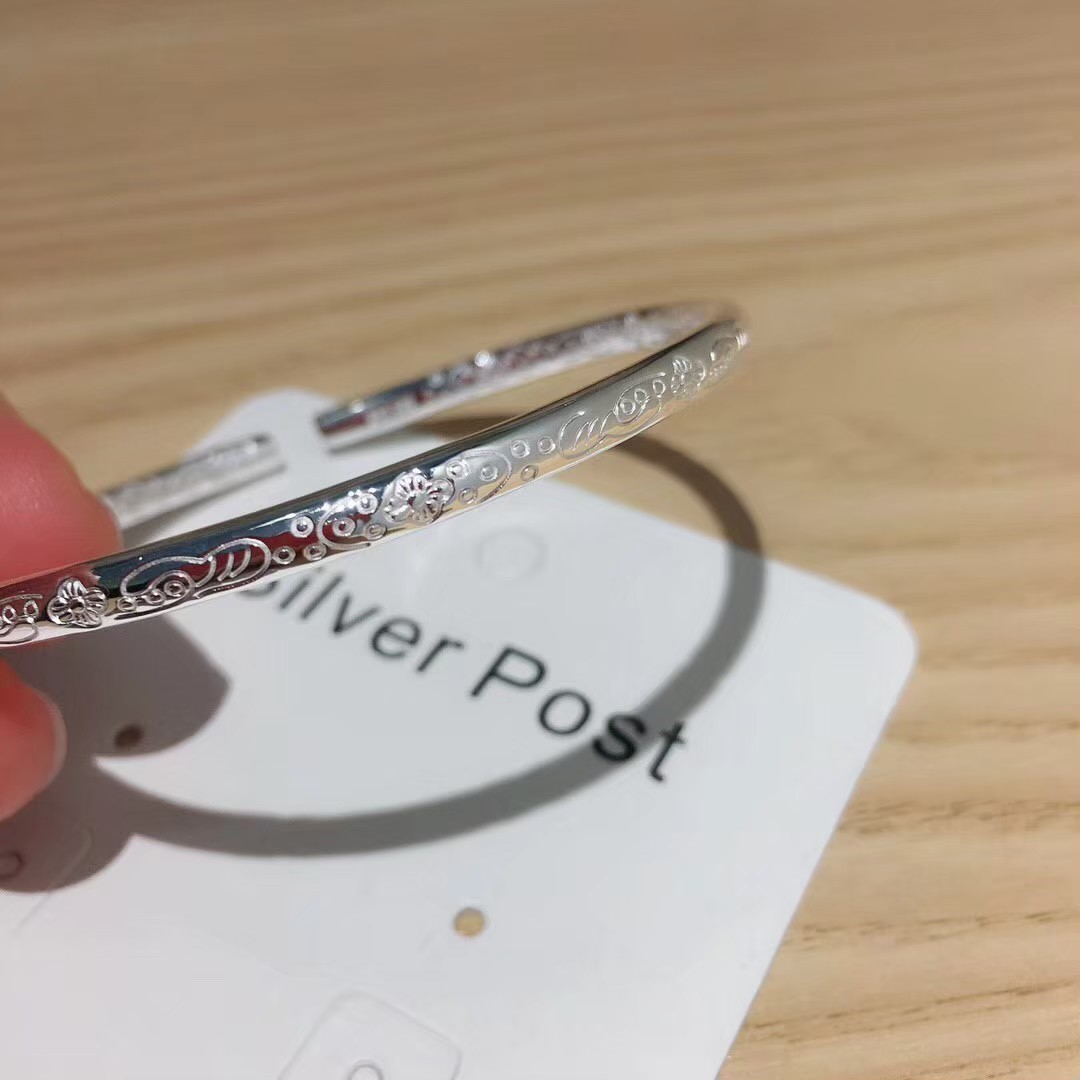 s999純銀 簡約 手工刻花 圓棍 手鐲 