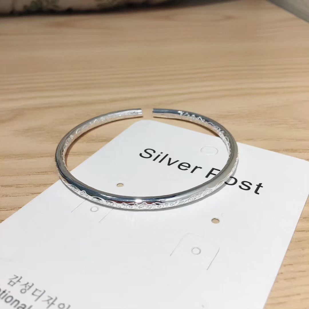 s999純銀 簡約 手工刻花 圓棍 手鐲 
