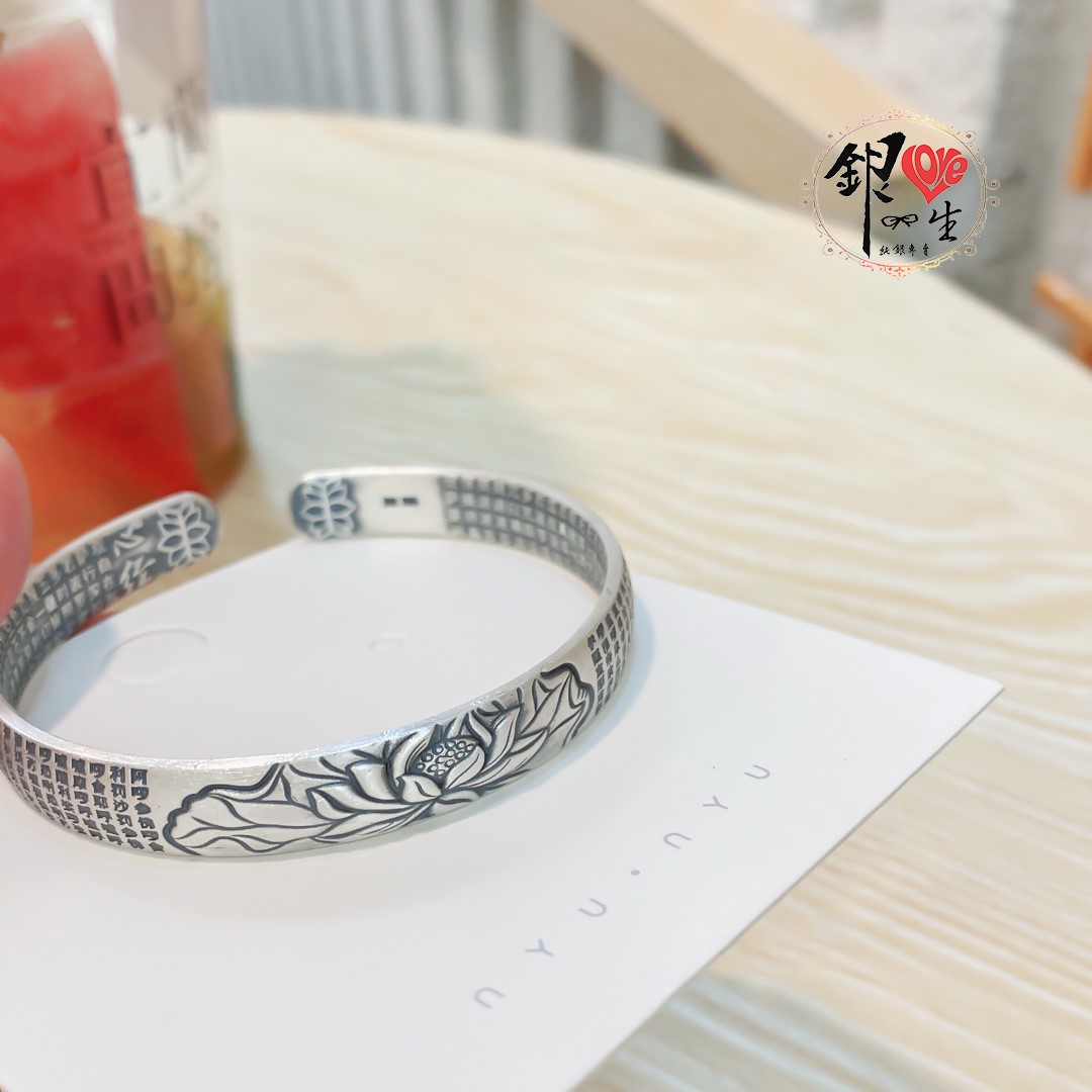 s999純銀 六字真言  圓面造型 蓮花復古心經 手鐲 