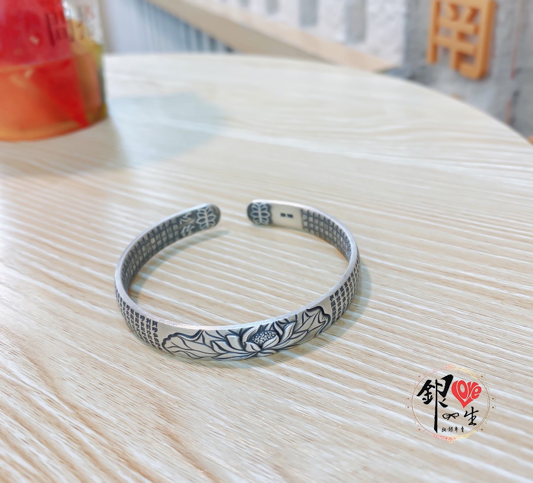 s999純銀 六字真言  圓面造型 蓮花復古心經 手鐲 