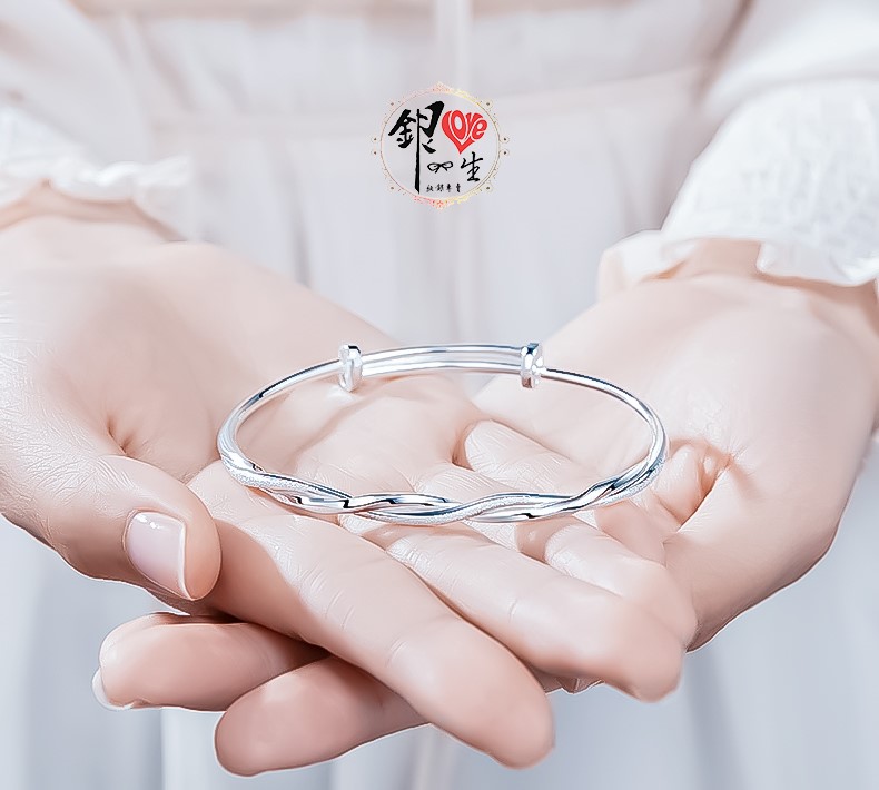 s999純銀 噴砂交織 莫比烏斯 時尚 推拉手鐲