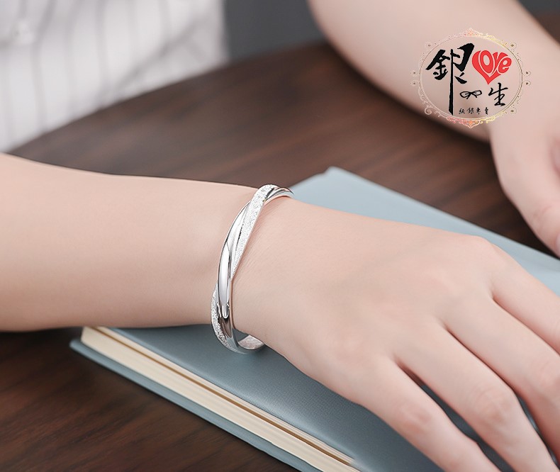 s999純銀 噴砂 麻花交織 手鐲