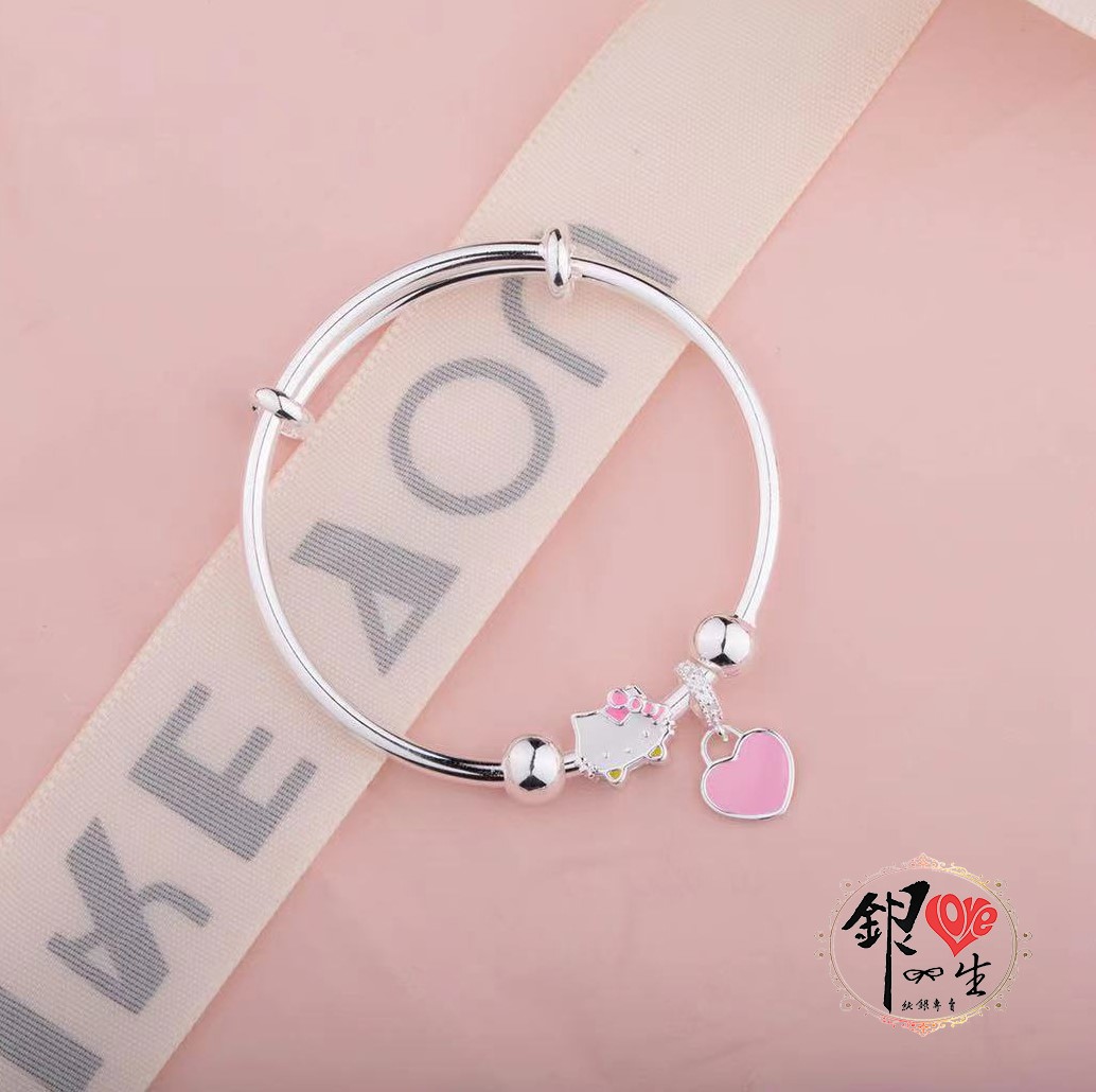 s999純銀 可愛貓 粉色蝴蝶結 超Q 推拉童鐲