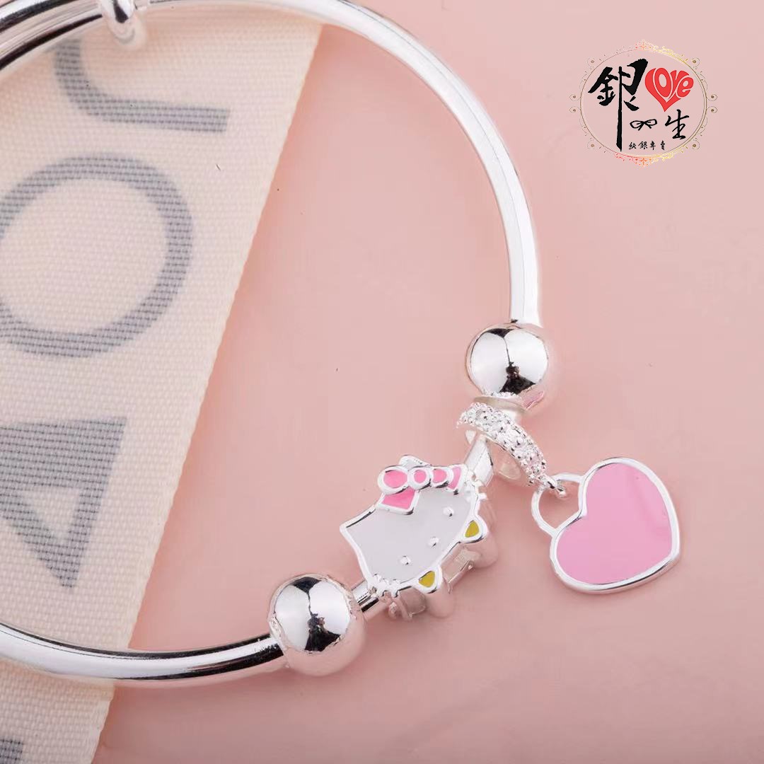 s999純銀 可愛貓 粉色蝴蝶結 超Q 推拉童鐲