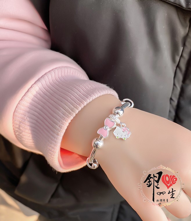 s999純銀 可愛貓 粉色蝴蝶結 超Q 推拉童鐲