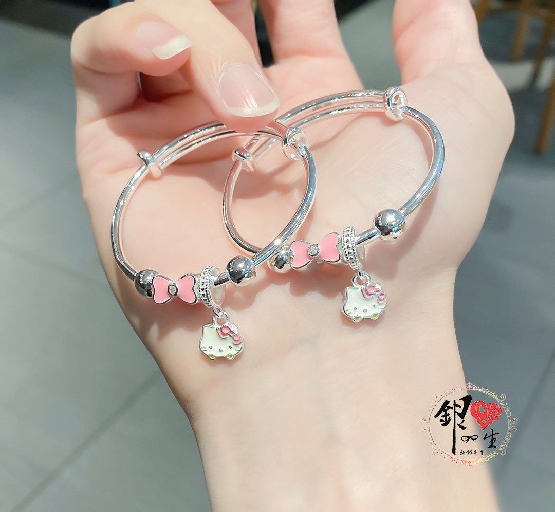 s999純銀 可愛貓 粉色蝴蝶結 超Q 推拉童鐲
