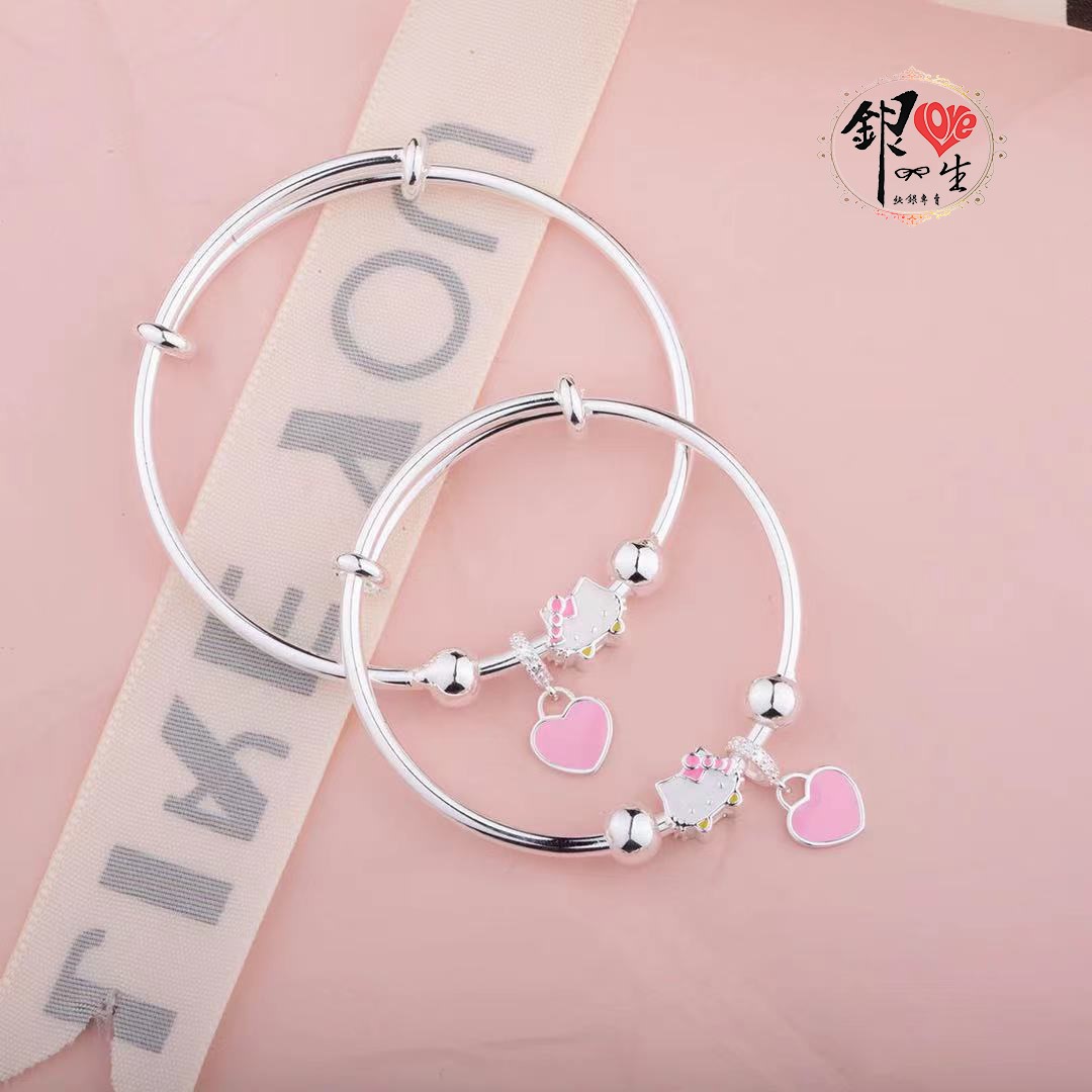 s999純銀 可愛貓 粉色蝴蝶結 超Q 推拉童鐲