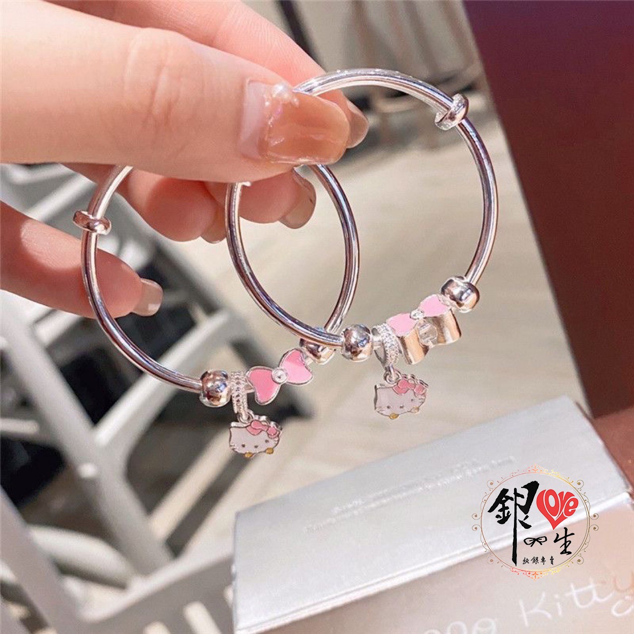 s999純銀 可愛貓 粉色蝴蝶結 超Q 推拉童鐲
