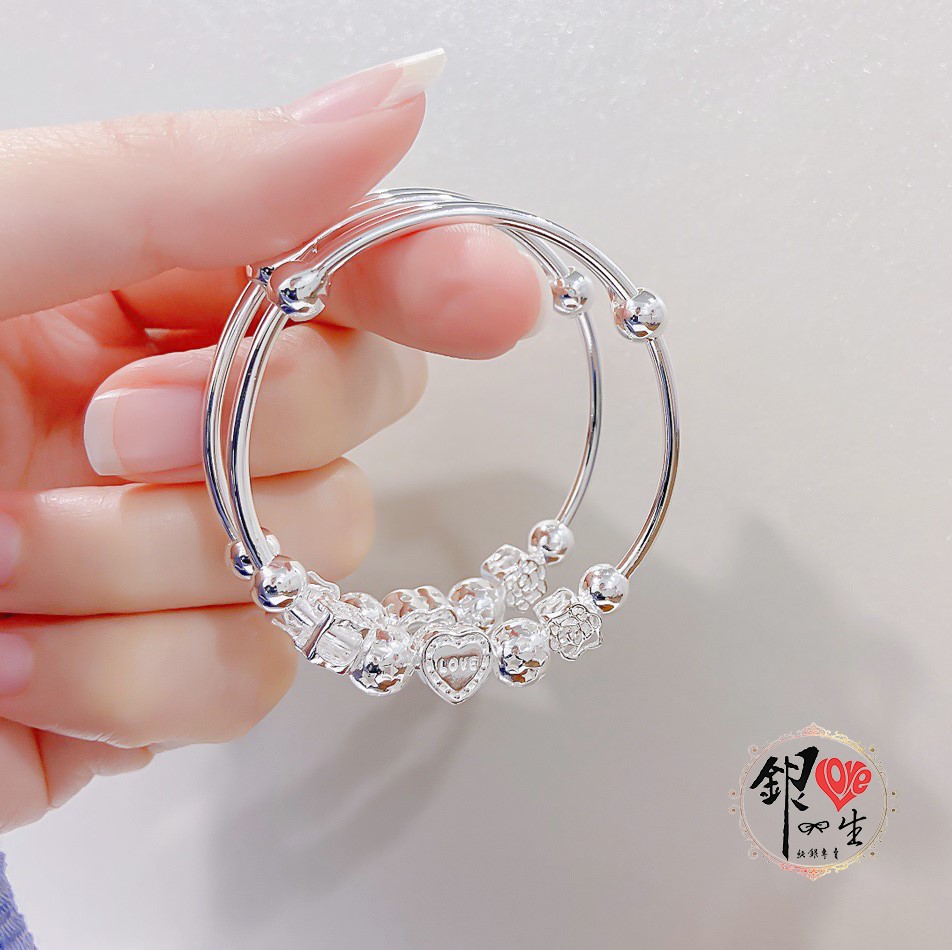 s999純銀 愛心小花 超Q 推拉童鐲 
