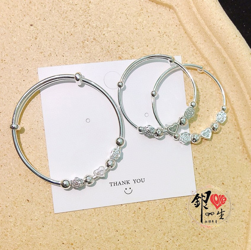 s999純銀 愛心小花 超Q 推拉童鐲 