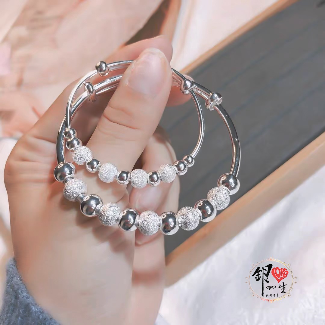 s999純銀 磨砂光珠 超Q  男女 推拉童鐲