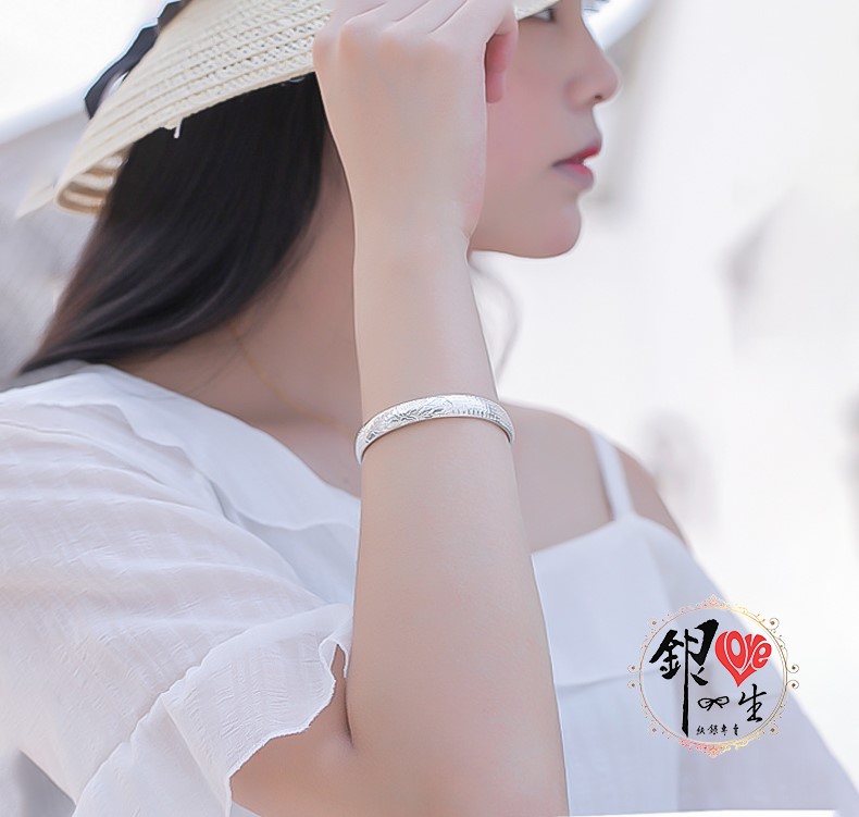 s999純銀 六字真言  圓面造型 蓮花心經 手鐲 