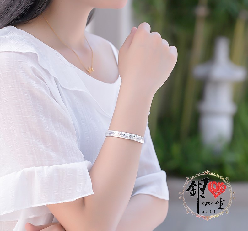 s999純銀 六字真言  圓面造型 蓮花心經 手鐲 
