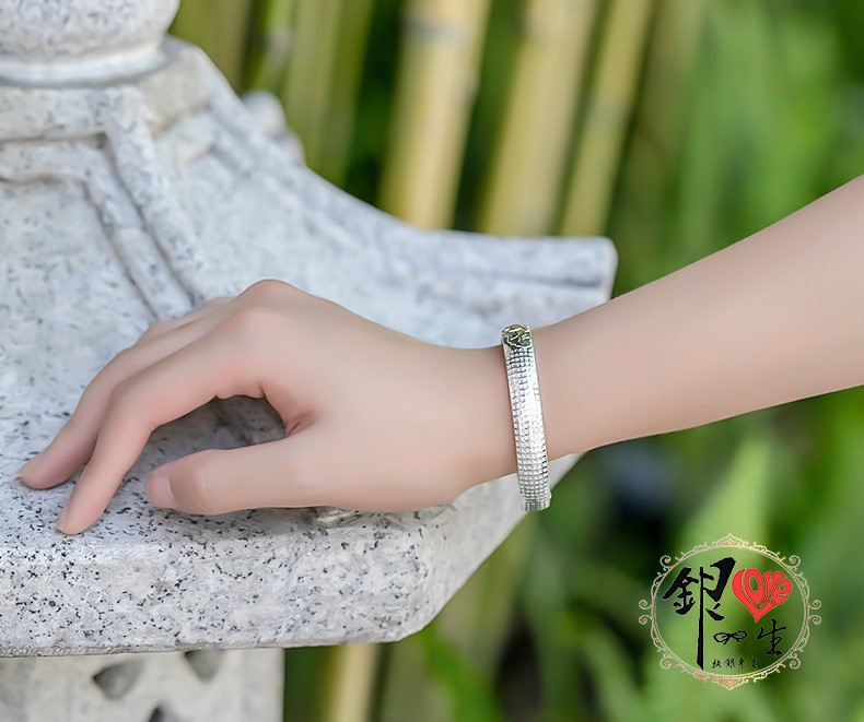 s999純銀 六字真言  圓面造型 蓮花心經 手鐲 