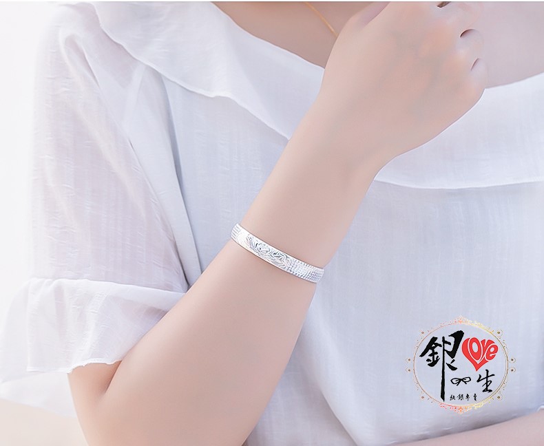 s999純銀 六字真言  圓面造型 蓮花心經 手鐲 