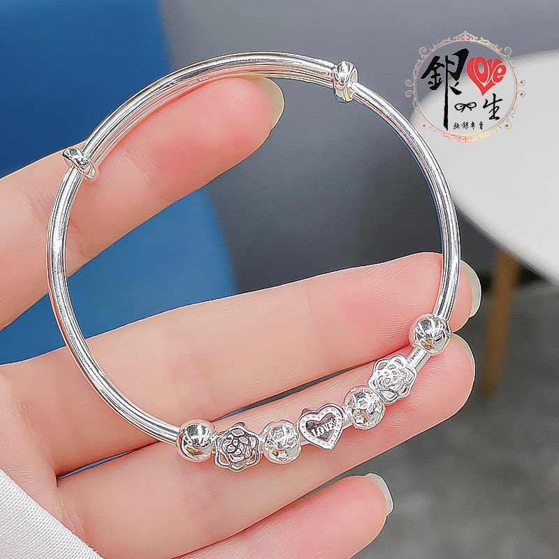 s999純銀 愛心小花串珠式  推拉手鐲