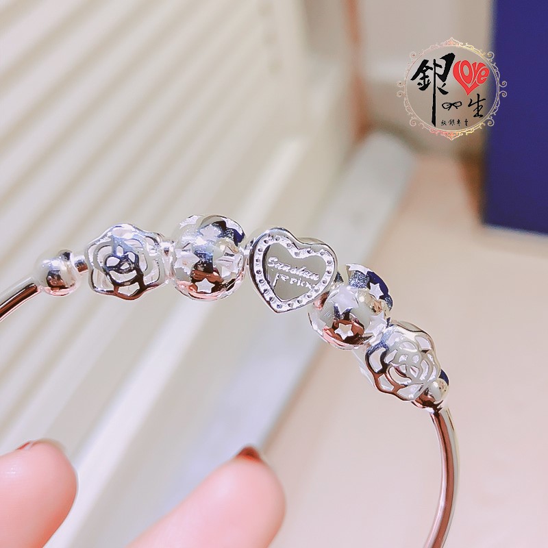 s999純銀 愛心小花串珠式  推拉手鐲