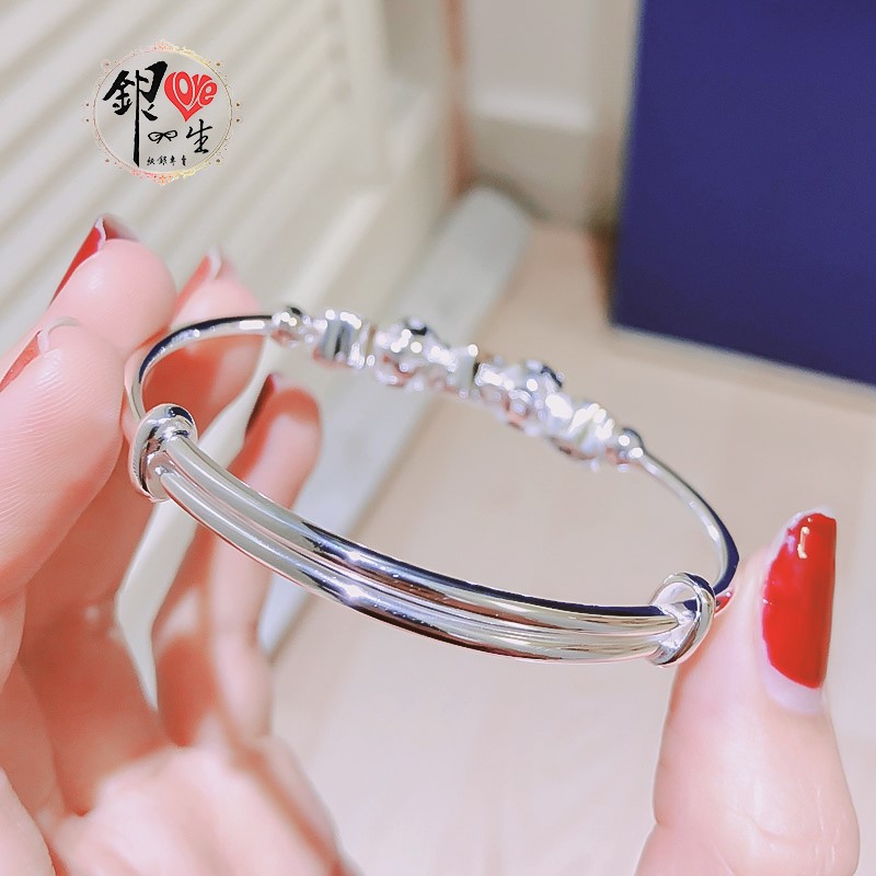 s999純銀 愛心小花串珠式  推拉手鐲