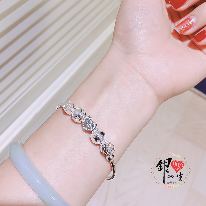 s999純銀 愛心小花串珠式  推拉手鐲