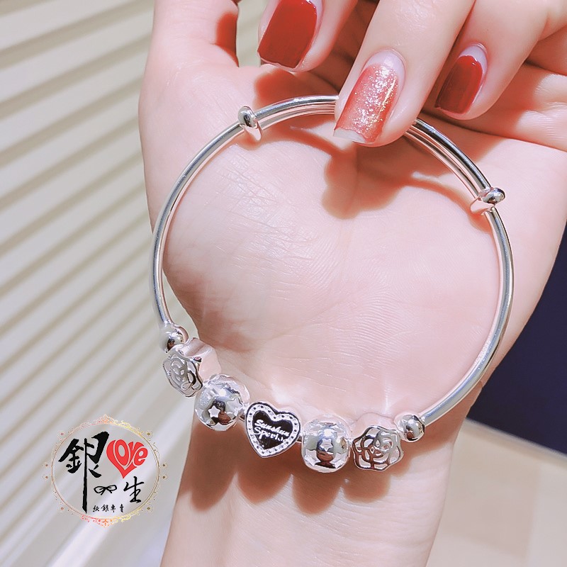 s999純銀 愛心小花串珠式  推拉手鐲
