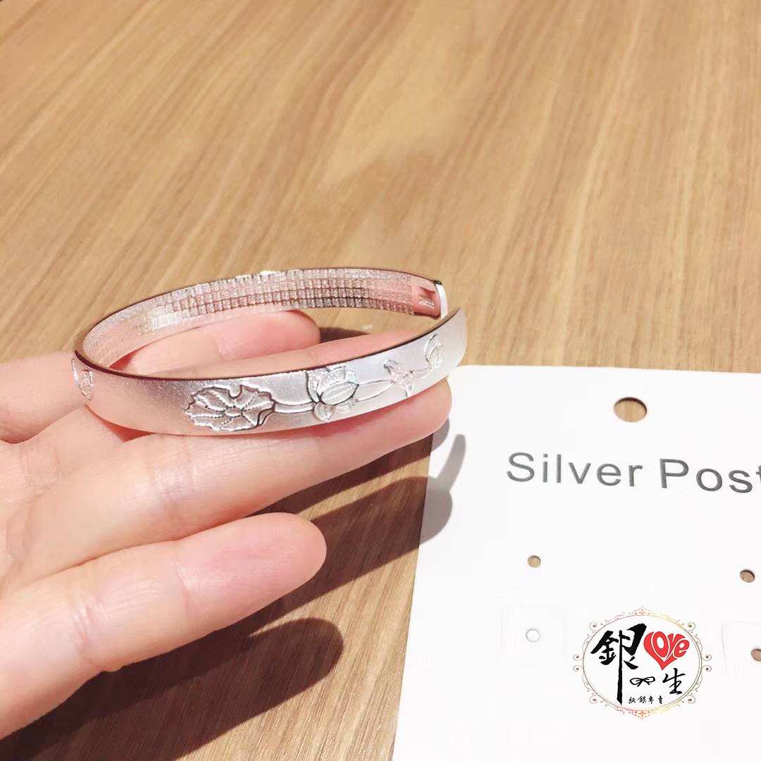 s999純銀 六字真言  磨砂 圓面造型 蓮花心經 手鐲