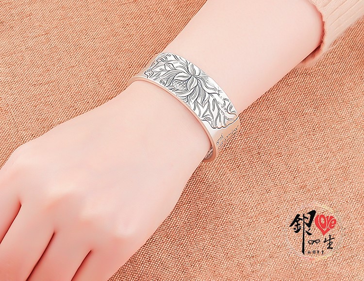 s999純銀 六字真言  凹面造型 寬版 手刻蓮花復古心經 手鐲