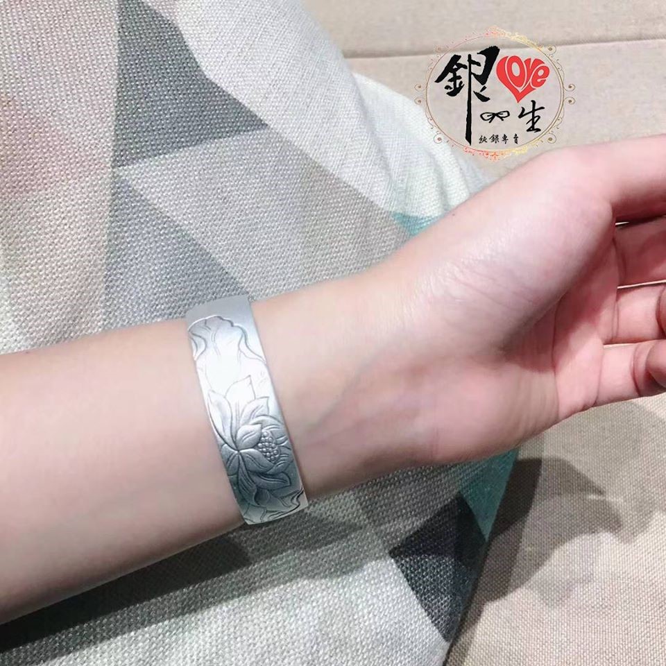 s999純銀 六字真言  噴砂 寬版 手刻佛手蓮花復古心經