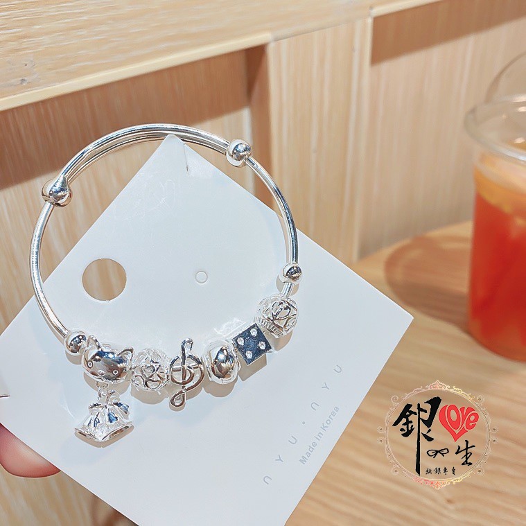 s999純銀 貓咪 音符 串珠式  推拉手鐲 