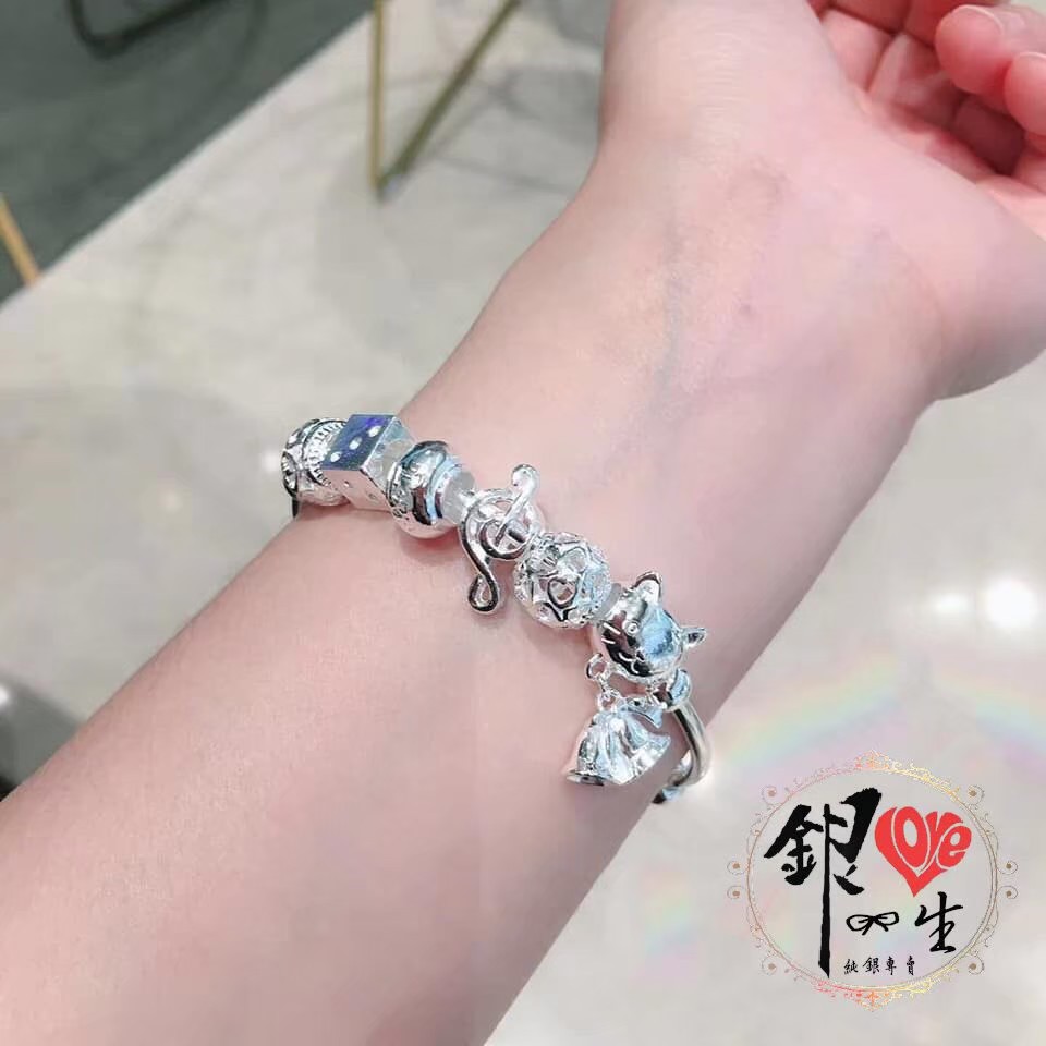 s999純銀 貓咪 音符 串珠式  推拉手鐲 
