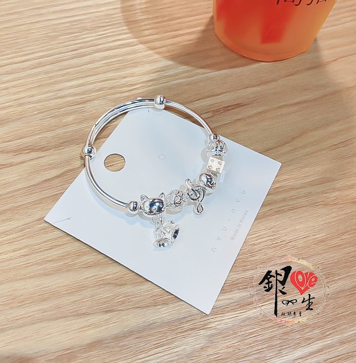 s999純銀 貓咪 音符 串珠式  推拉手鐲 
