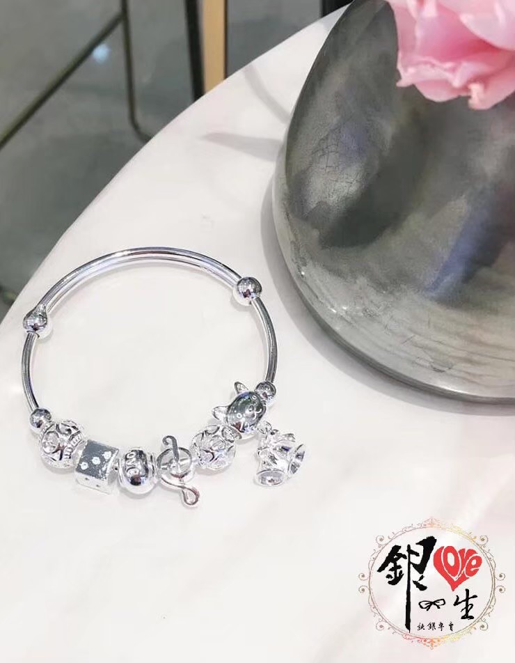 s999純銀 貓咪 音符 串珠式  推拉手鐲 