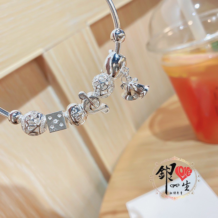s999純銀 貓咪 音符 串珠式  推拉手鐲 