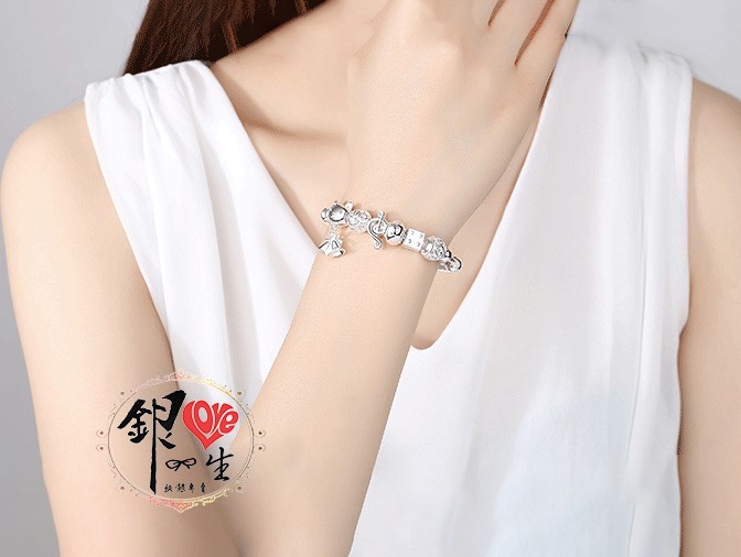 s999純銀 貓咪 音符 串珠式  推拉手鐲 