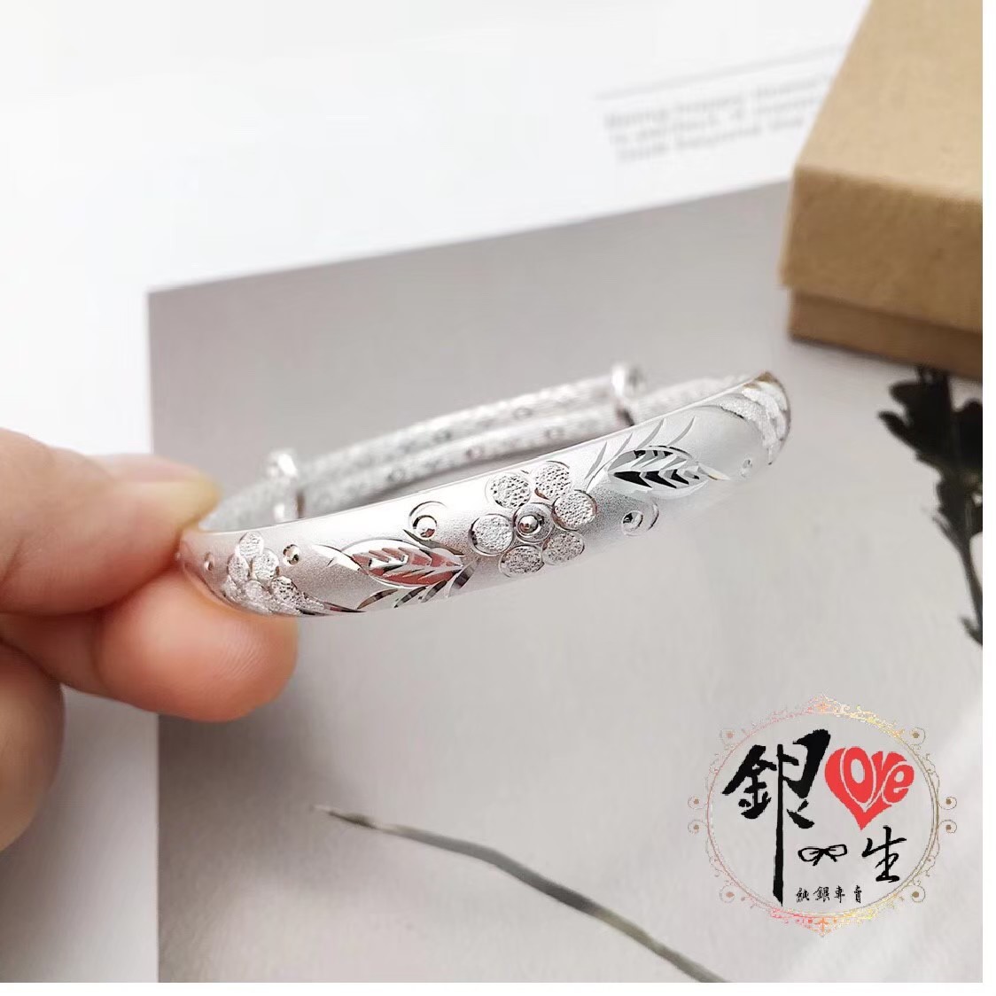 s999純銀 繁花似錦 噴砂 精緻 推拉手鐲 