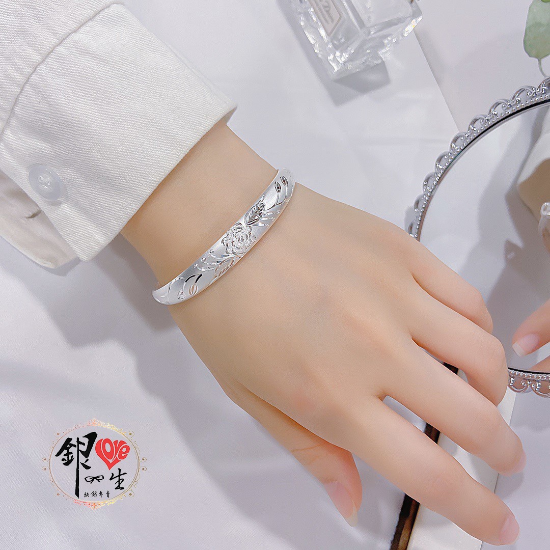 s999純銀 繁花似錦 噴砂 精緻 推拉手鐲 