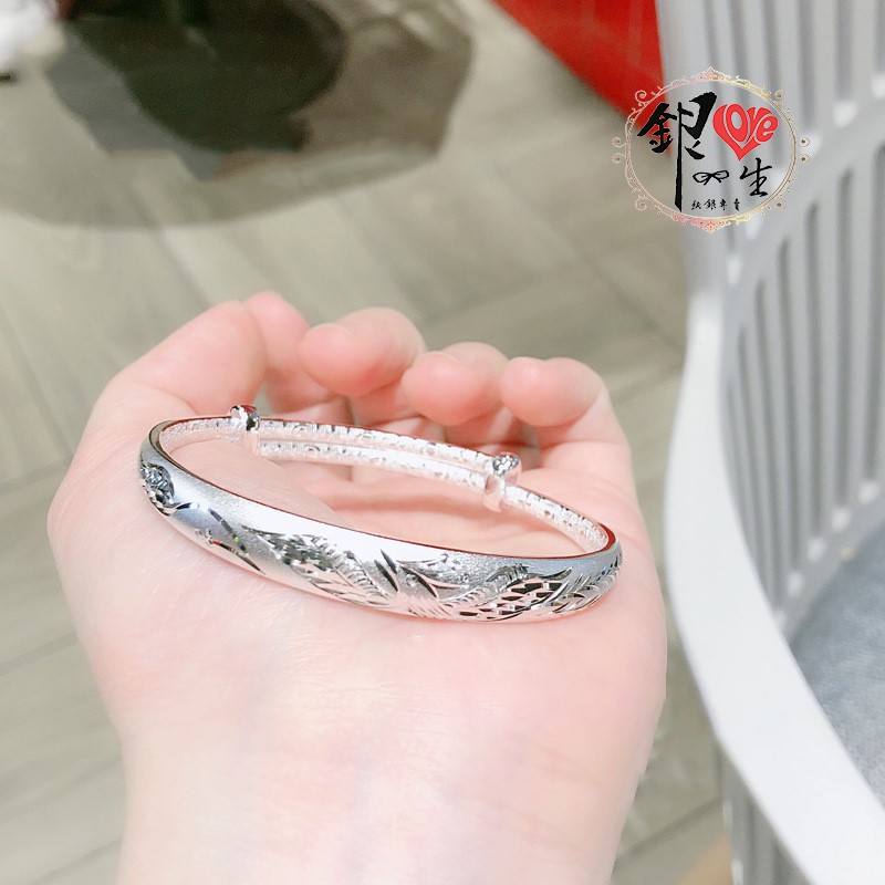 s999純銀 繁花似錦 噴砂 精緻 推拉手鐲 