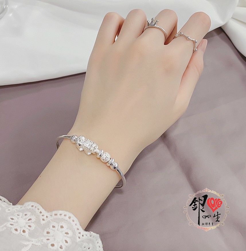 s999純銀 貔貅 立體 招財  推拉手鐲  