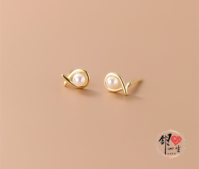 s925純銀 貝珠 耳釘 法式 復古 魚兒